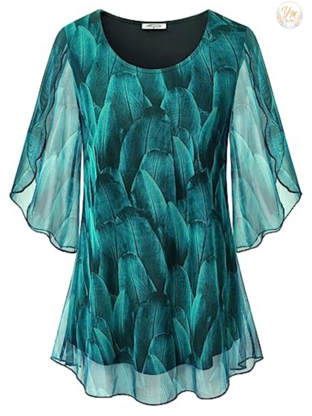Womens Ruffle 3/4 Sleeve Mesh Blouse Floral Loose Flowy Stretchy Work Top
